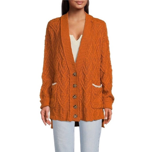 Free People Montana Cable Knit button front w/ pockets burnt orange Cardigan szS - Picture 6 of 14